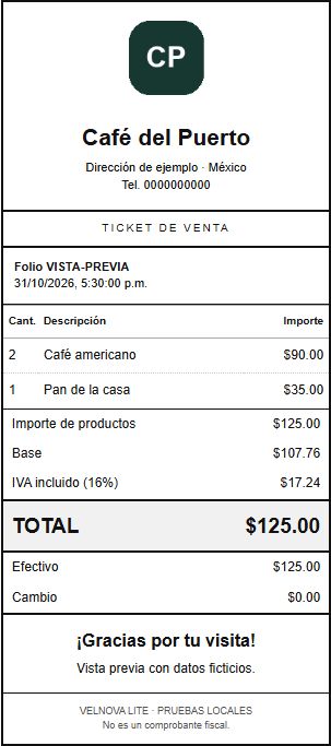 Vista real del diseño de ticket Enmarcado con datos ficticios